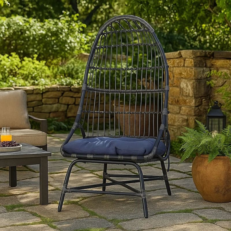 Elena Outdoor Chair, Basket Shape, Gray Fabric, Black PE Rattan, Iron