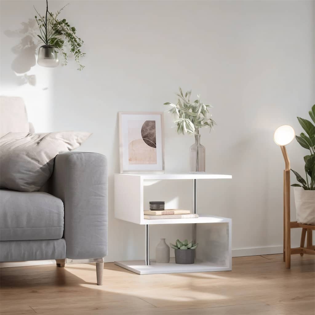 20" Accent Side Table, S-Shaped Coffee Table with Shelf & Steel Poles