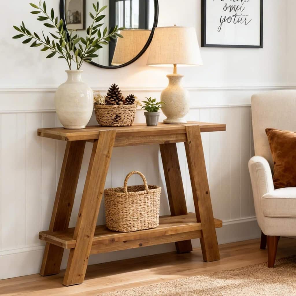 43 Inch Solid Wood Entryway Console Table, 2-Tier Small Farmhouse Sofa Table Behind Couch - 43.31" W × 11.61" D × 31.5" H