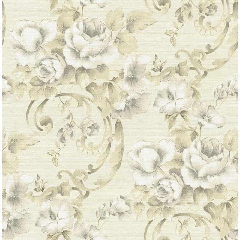 Seabrook Design Hera Floral Scroll Unpasted Wallpaper - 20.5 in W x 33 ft. L - Metallic Cream & Charcoal