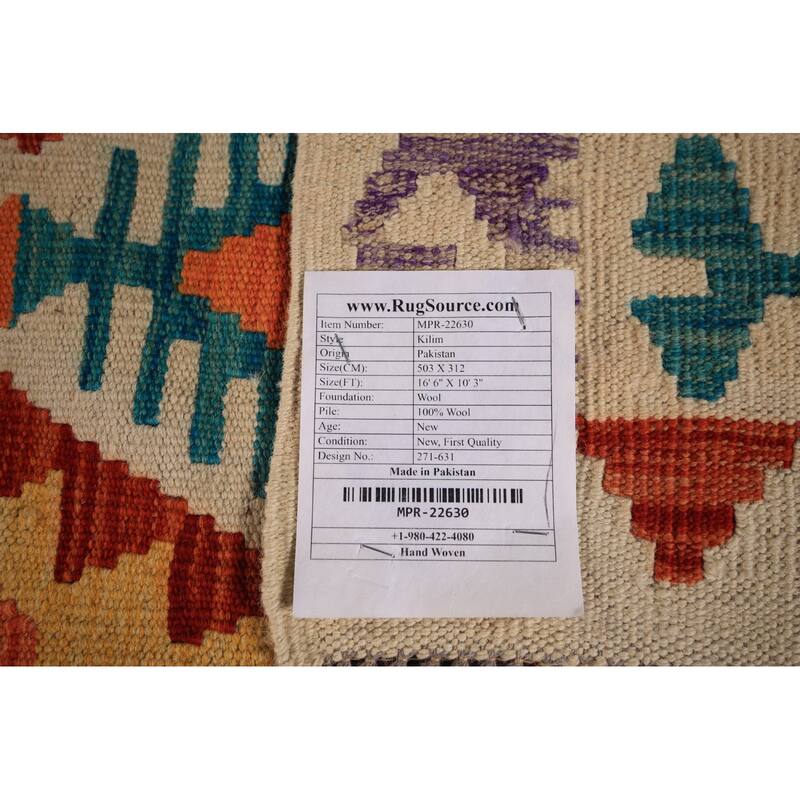 All-Over Geometric Kilim Oriental Large Rug Flatweave Wool Carpet - 10'3" x 16'6"