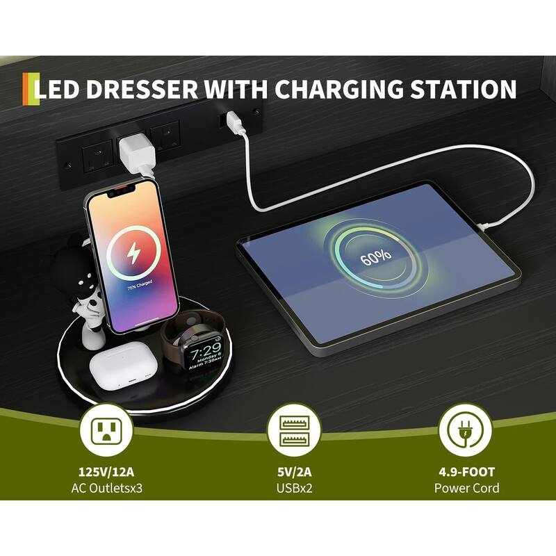 9-Drawer Dresser for Bedroom with Charging Station & RGB Lights