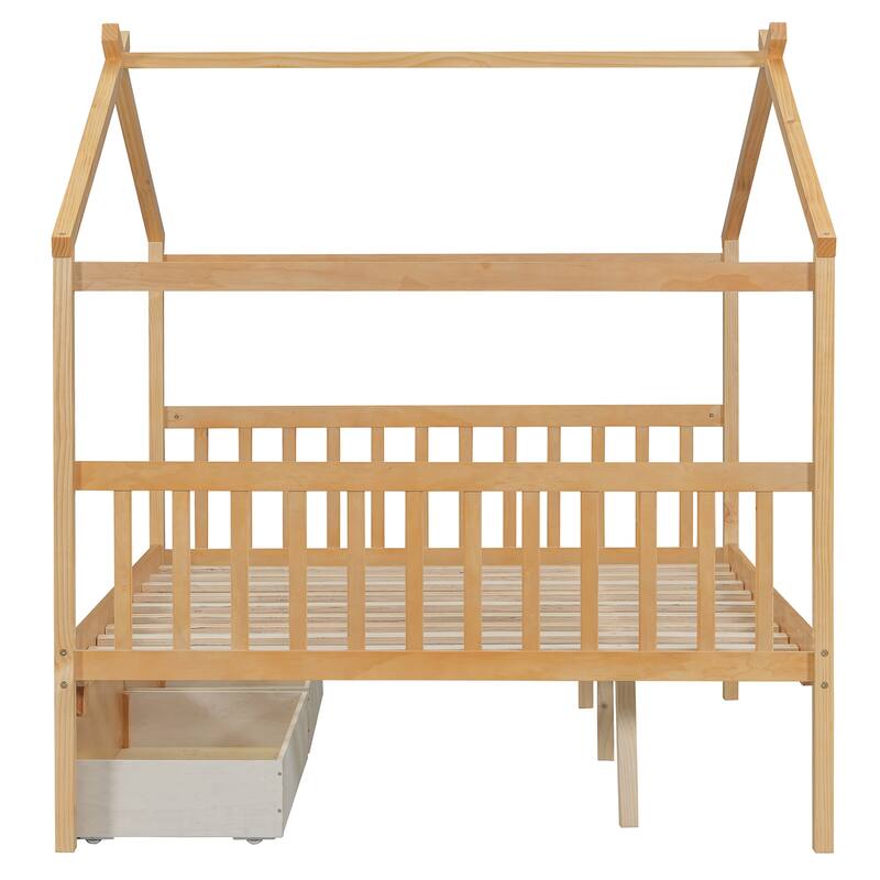 Full Size Wooden House Bed with Drawers, Natural Finish, Sturdy Pinewood Construction