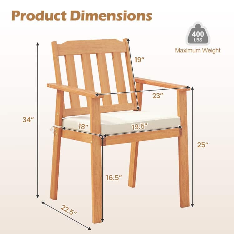 Natural-White Acacia Wood Patio Dining Chairs Set of 2 with Padded Cushions - 22.5" x 23" x 34"(L x W x H)