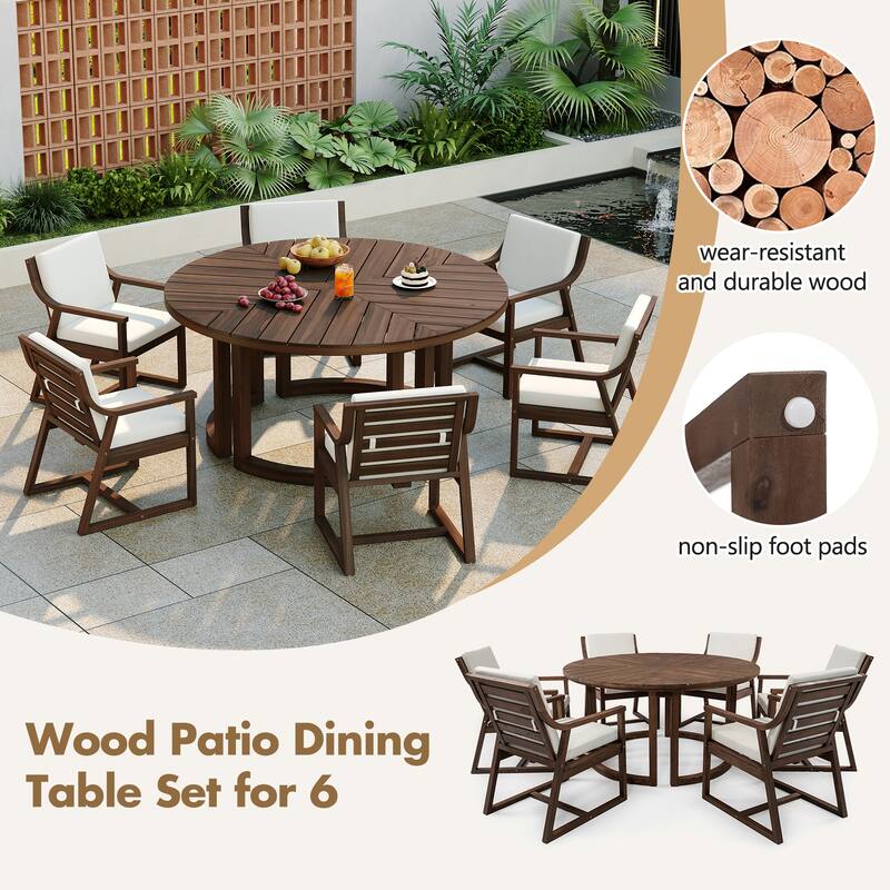 Round Patio Dining Table Set for 6 with Umbrella Hole Durable Acacia Wood Outdoor Furniture