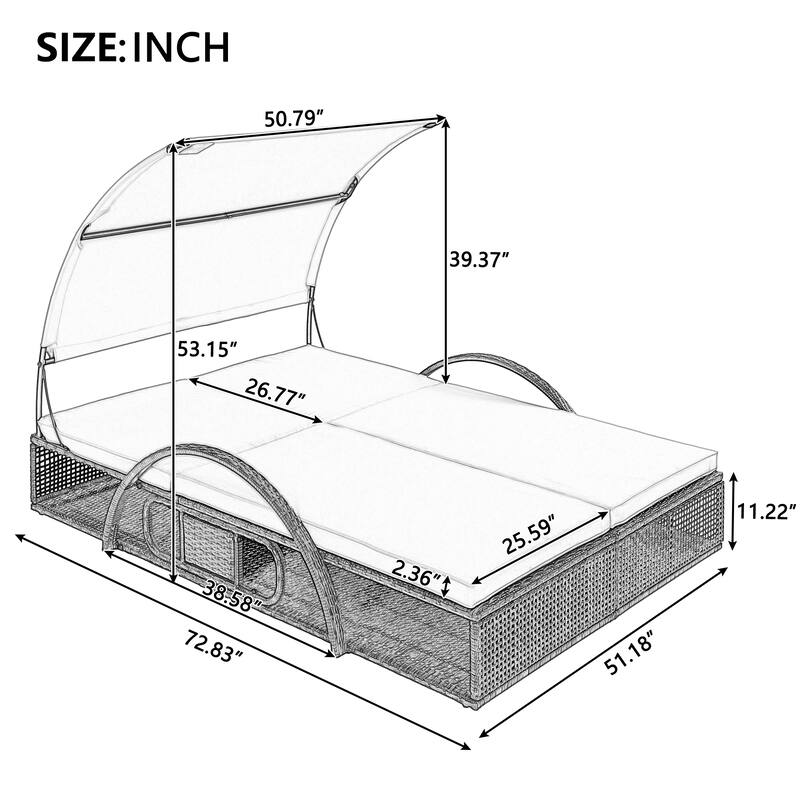 Outdoor Steel Frame Sun Lounger with Adjustable Backrest,Patio Double Sunbed