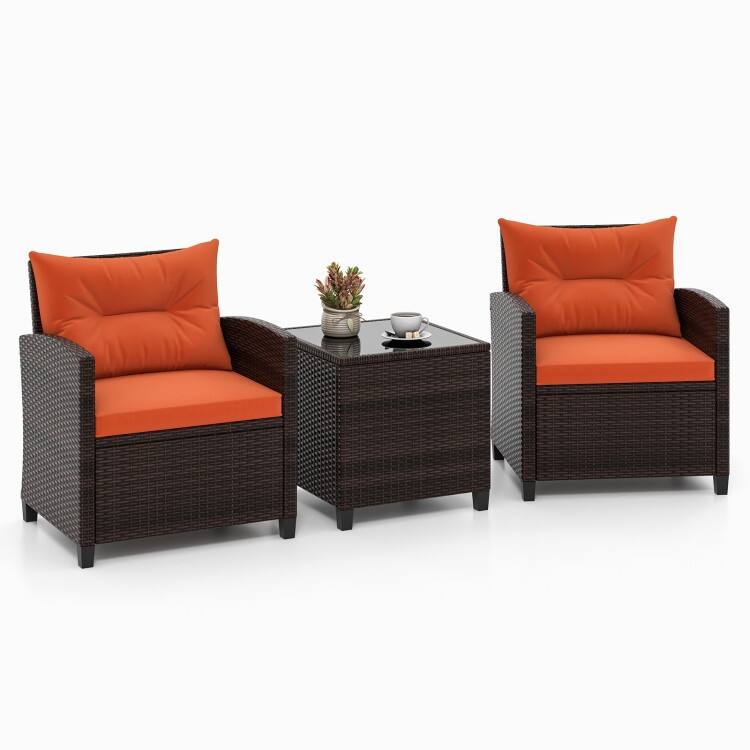 3 Pieces Rattan Patio Furniture Set with Washable Cushion - Chair: 26.5" x 26.5" x 30"