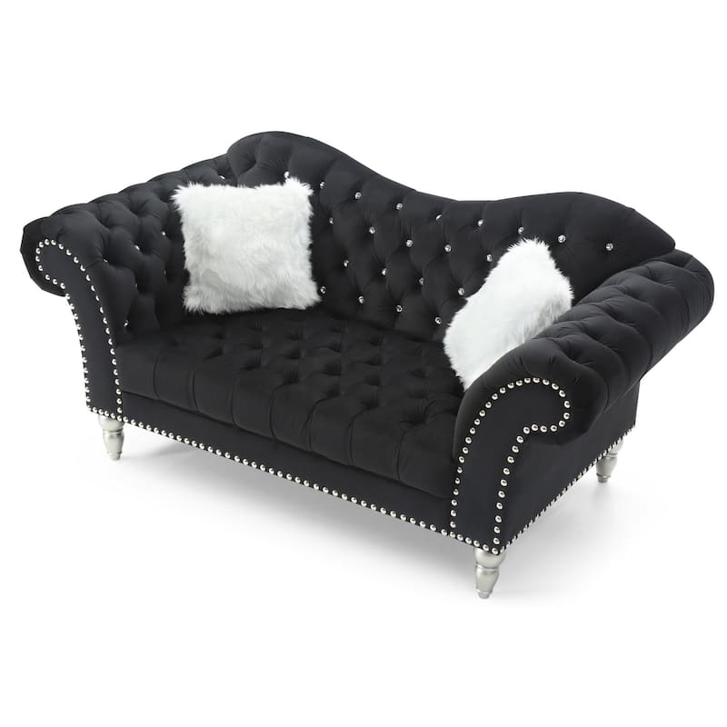 Tufted Velvet 3-Seater Sofa with Throw Pillows - 75" - Black
