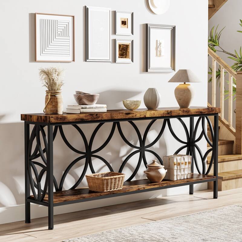 Extra Long Sofa Table with Metal Frame & Rustic Wood Finish - 70.86" L x 11.81" W x 31.88" H
