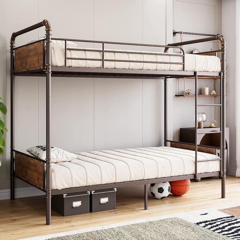 Heavy Duty Twin Size Convertible Bunk Bed with Guardrail & Ladders - Vintage Brown