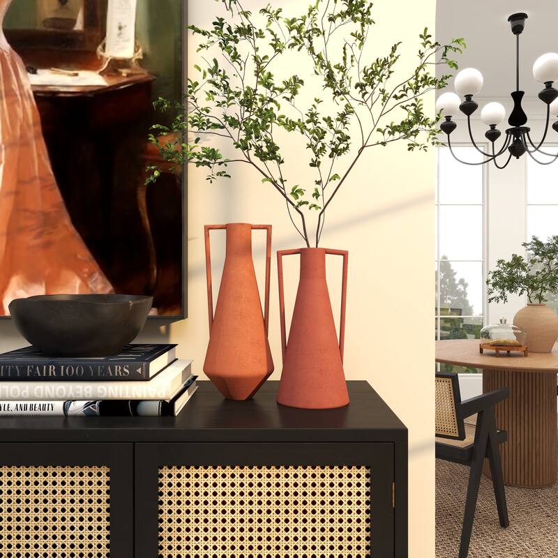 Orange Metal Decorative Vase with Handles (Set of 2)