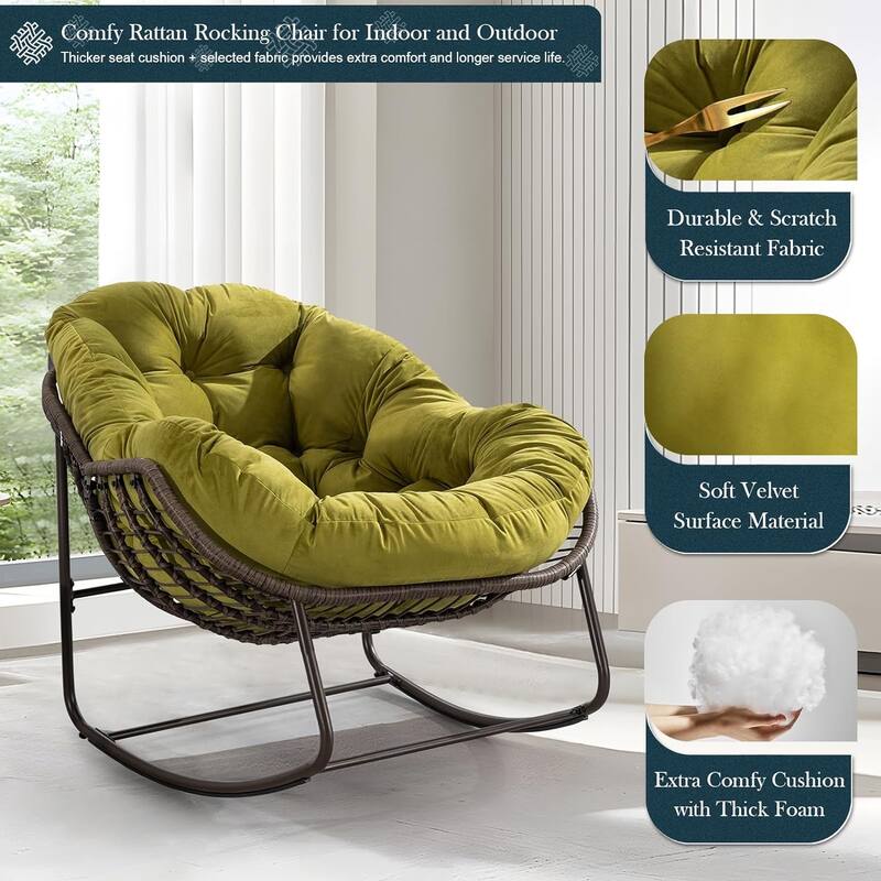 Outdoor Rattan Rocker Recliner Chair With Polyester Padded Cushion
