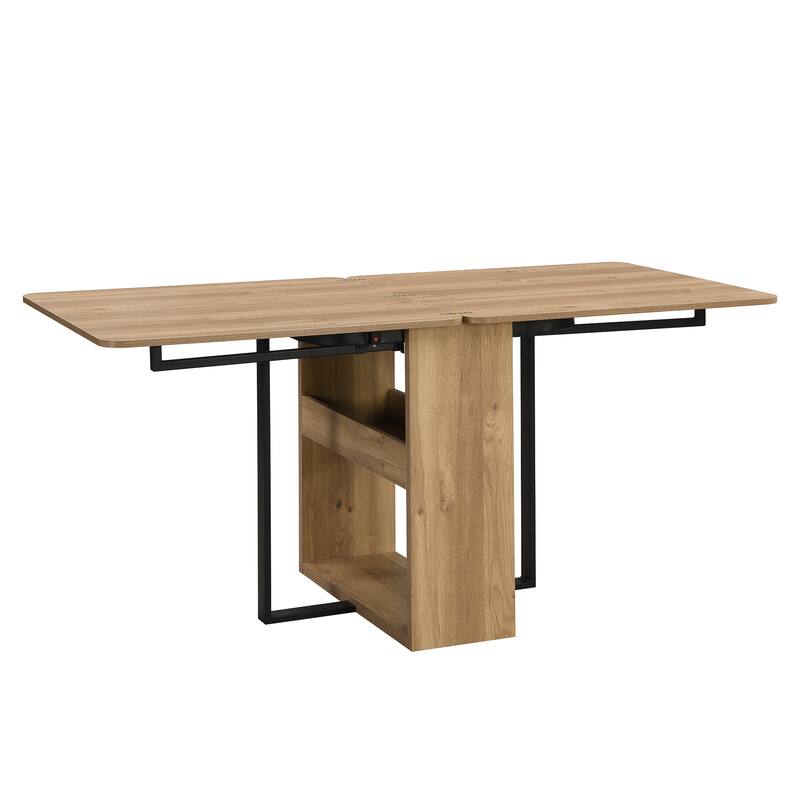 Modern 5-Piece Extendable Dining Table Set, 63" Kitchen Foldable Wooden Table with Lower Storage Shelf and 4 PU Leather Chairs