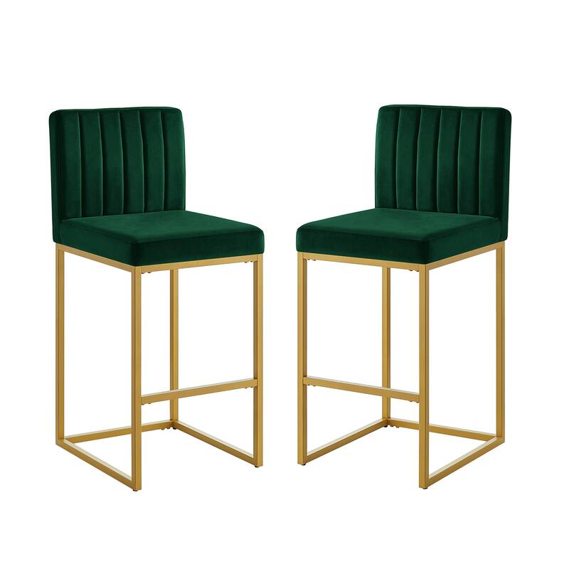 Counter Height Bar Stools Set of 2, Velvet Upholstered Bar Stools with Back, Breakfast Bar Chairs with Metal Footrest