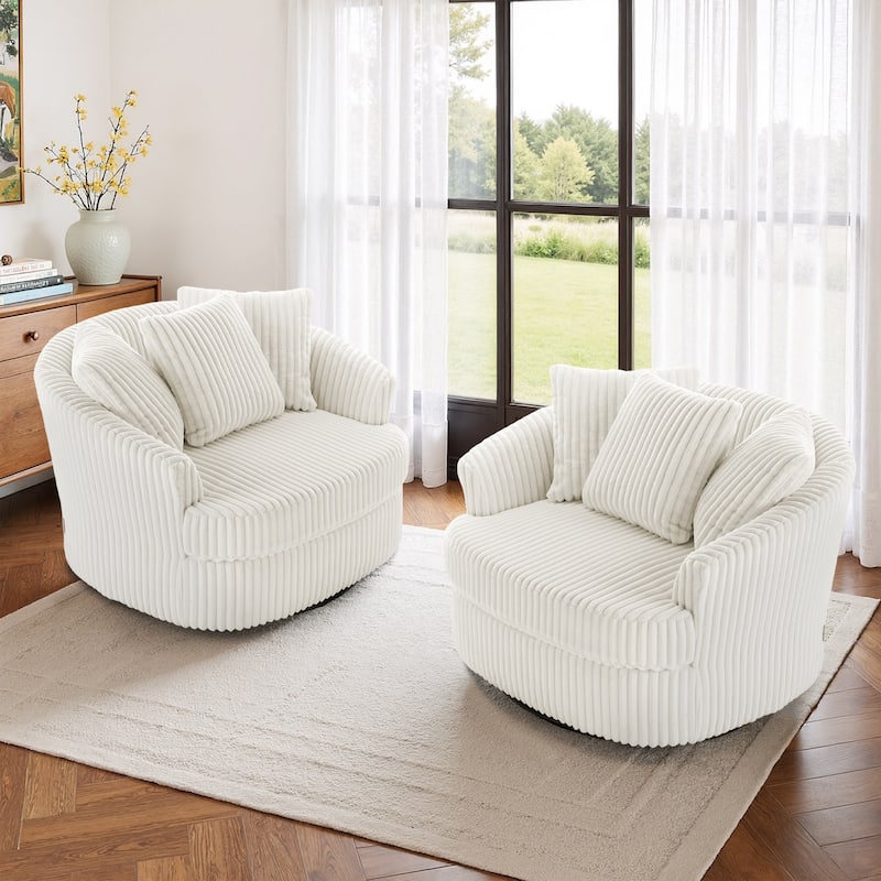 Oversized 43" W Plush Corduroy Slipcovered Swivel Barrel Chair with Pillows Set of 2