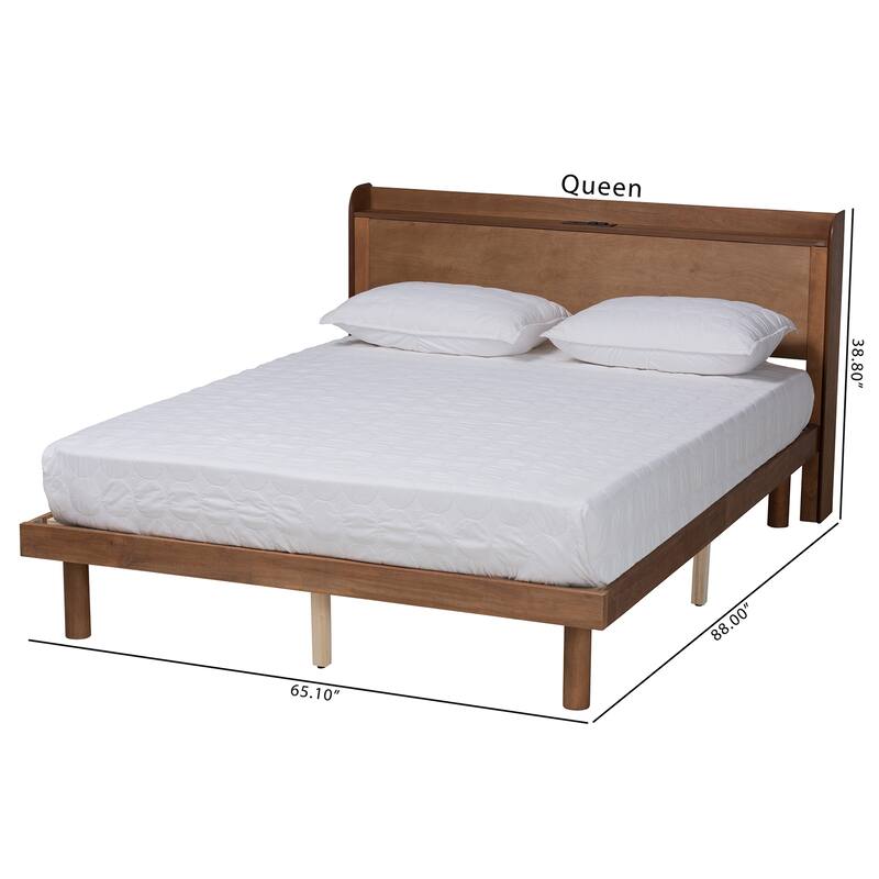 Decker Mid-Century Modern Transitional Walnut Brown Finished Wood Platform Bed with Charging Station