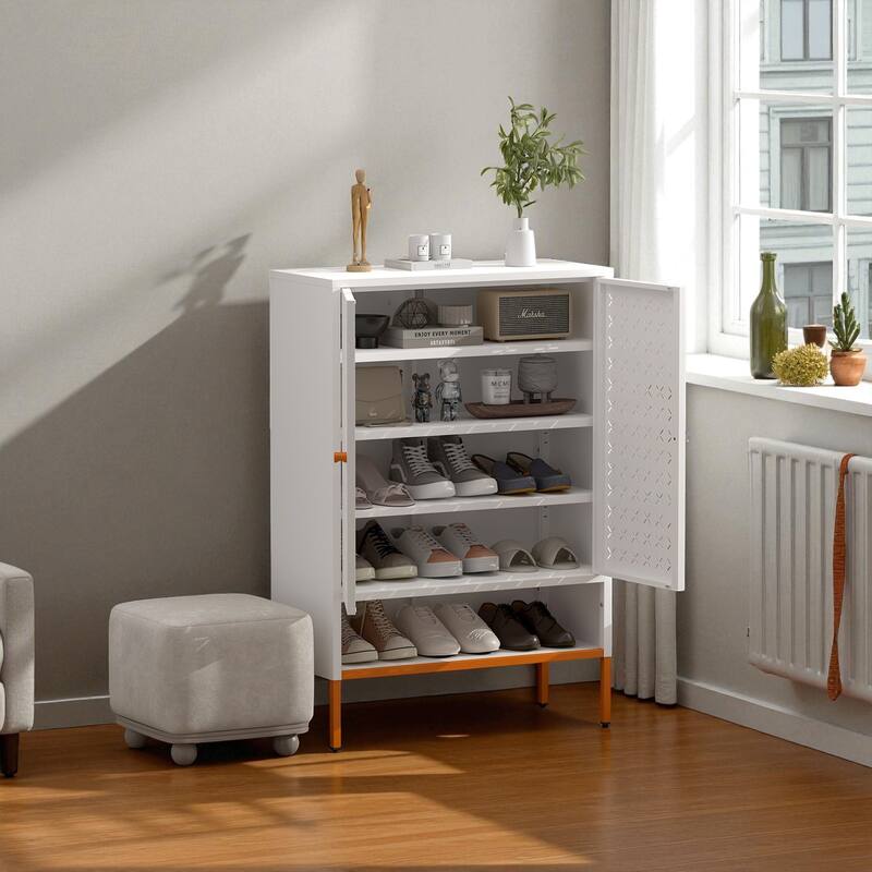 31.5" Metal Double Door Shoe Cabinet, Modern Freestanding Shoe Storage with Adjustable Shelves and 15cm Elevated Base