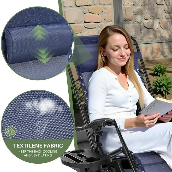 Set of 2 Folding Reclining Lounge Chair, Outdoor Zero Gravity Recliner W/Side Tray & Detachable Headrest Pillow