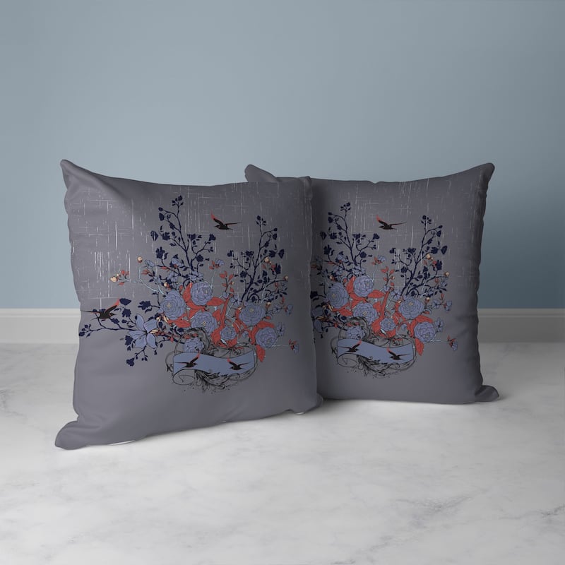Elegant Floral Bouquet Faux Suede Reversible Throw Pillow Gray and Blue