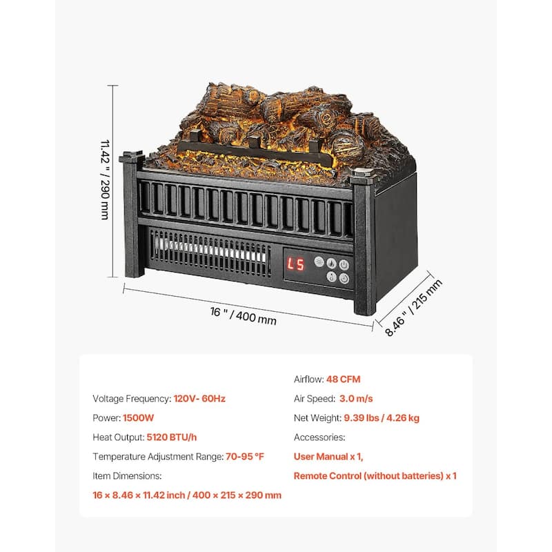 1500W Electric Log Heater with Timer and Remote Adjustable Brightness