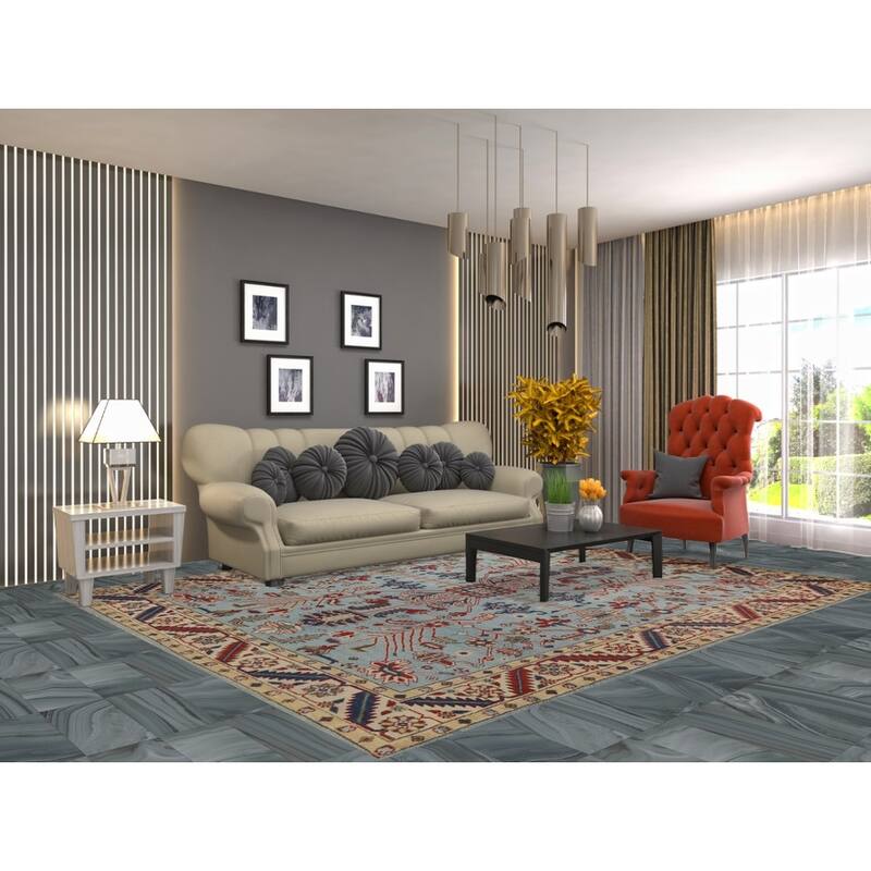 Light Blue Heriz Serapi Indian Area Rug Hand-Knotted Wool Carpet - 7'9" x 9'9"