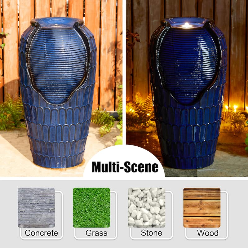 Glitzhome Oversized LED Lighted Ceramic Pot Floor Fountains for Outdoor Garden