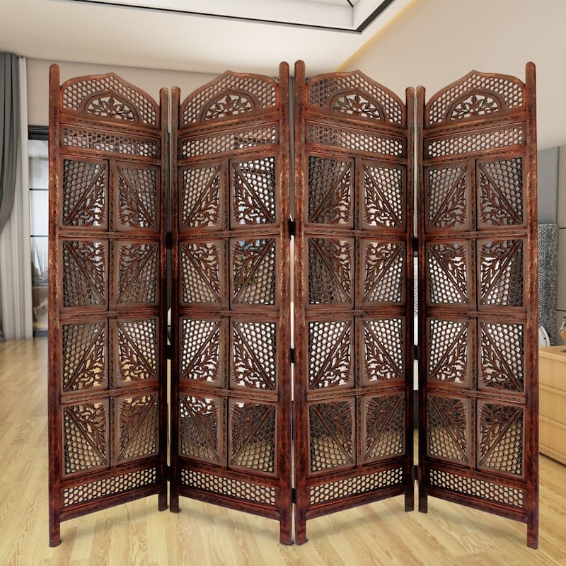 Traditional Four Panel Wooden Room Divider with Hand Carved Details, Antique Brown - Brown