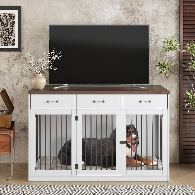Modern Wooden Dog Crate Furniture, Pet Dog Cage with 3 Drawers