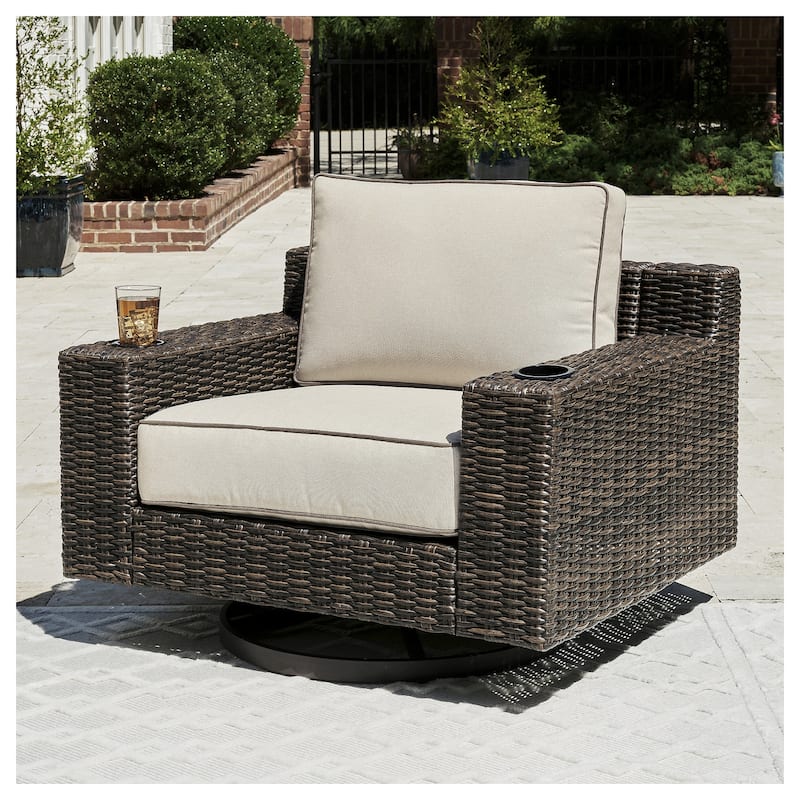 Signature Design by Ashley Coastline Bay Brown Outdoor Swivel Lounge with Cushion - 42.63" W x 36.25" D x 35" H - Brown - 42.63" W x 36.25" D x 35" H