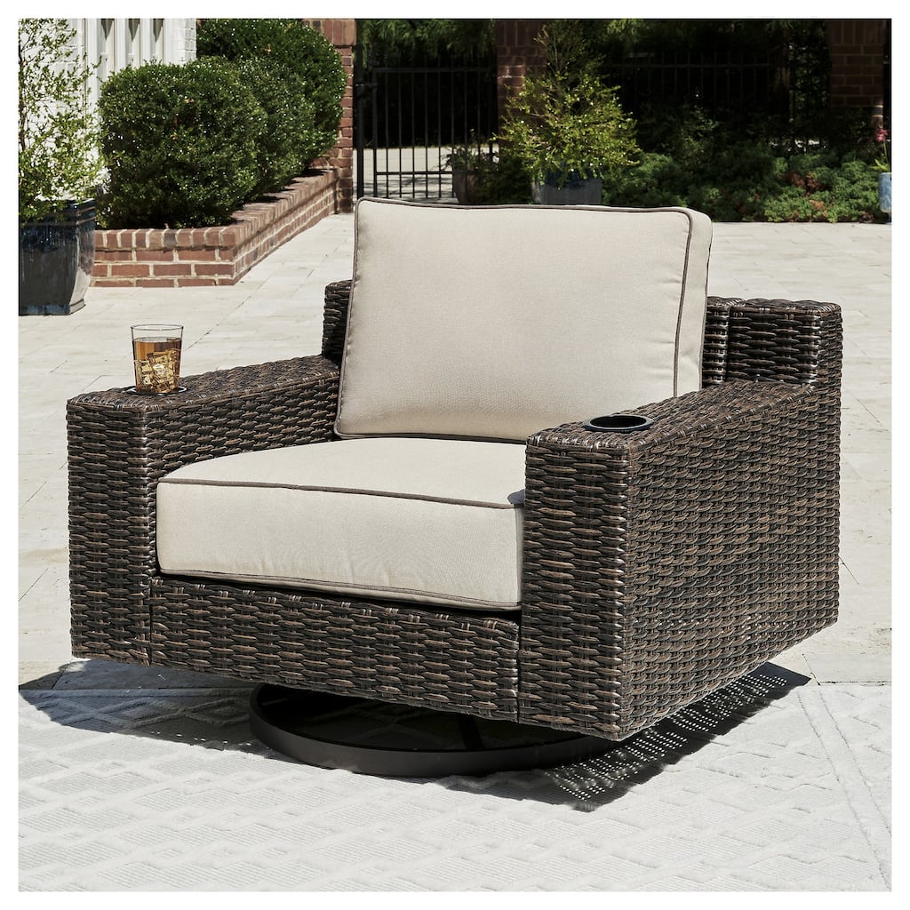 Signature Design by Ashley Coastline Bay Brown Outdoor Swivel Lounge with Cushion - 42.63" W x 36.25" D x 35" H
