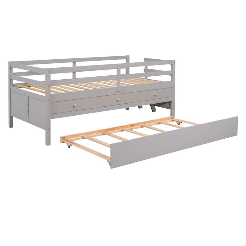 Solid Wood Low Bed with Full Safety Fence, Climbing ladder,Storage Drawers and Trundle