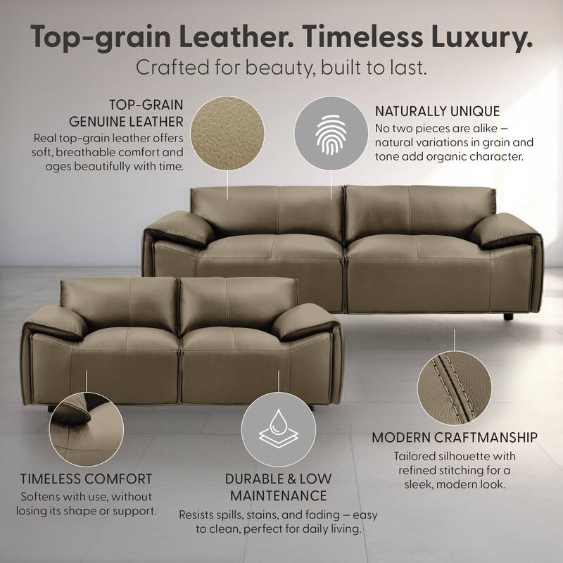 Tanner Top Grain Leather Loveseat, Sofa, or Living Room Set with Padded Arms