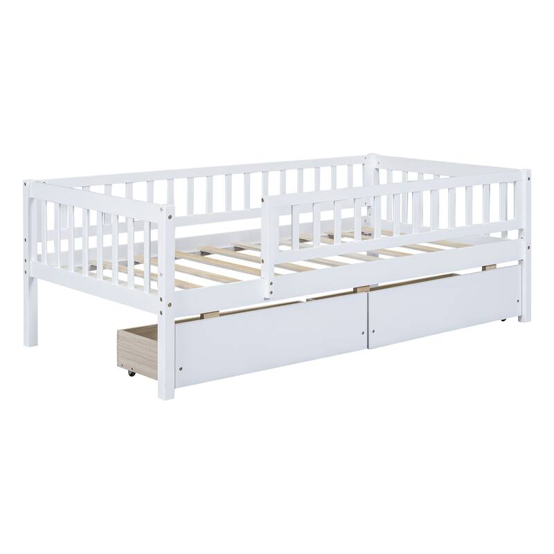 Twin Size Daybed Wood Bed Wood Platform Bed Frame No Box Spring Needed, 2 Extendable Wood Drawers with Trundle for Boys Girls