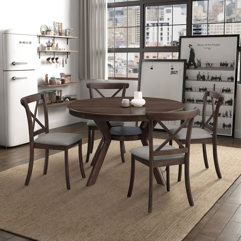 5 Pieces Set Mid-century Modern 47 in Round Rubber Wood Dining Table with Pedestal Base for 4-6 People