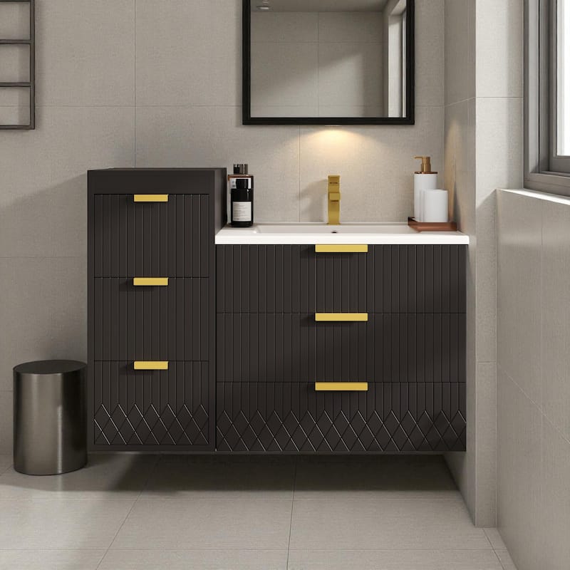 12" Wall Mounted Floating Bathroom Side Cabinet with Drawers, Modern MDF Storage Cabinet with L-Shape Handles