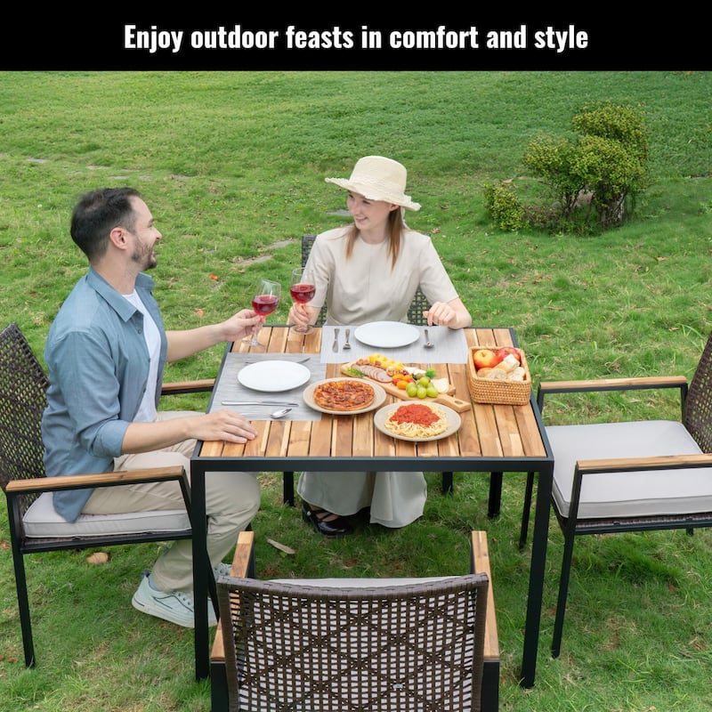 5-Piece All-Weather Outdoor Dining Set - Acacia Wood Table with Umbrella Hole & Rattan Chairs (Patio Conversation Group)‌