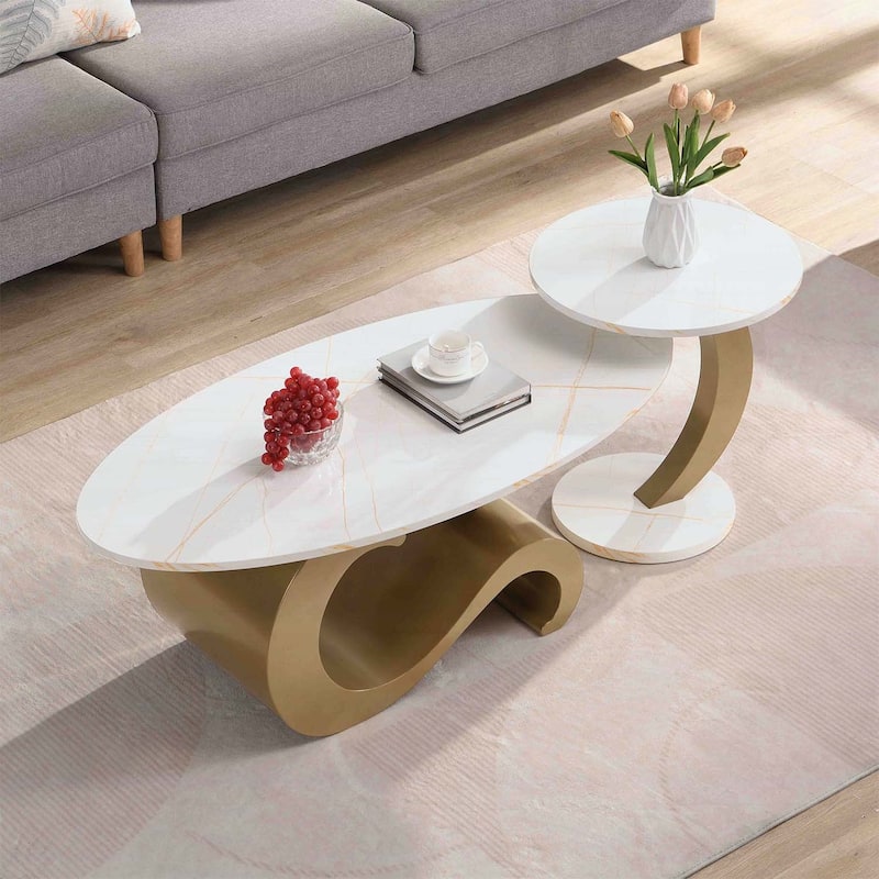Nesting Coffee Table Set of 2,Industrial Design for Living Rooms,Combines Luxury and Functionality with Oval and Round Shapes - Golden+White