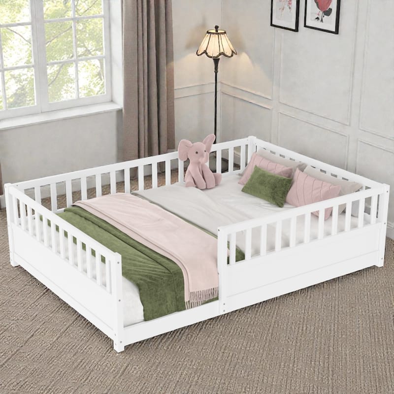 Montessori Wooden Floor Bed with High Safety Fence and Door, Pine Kids Floor Bed Frame for Boys and Girls