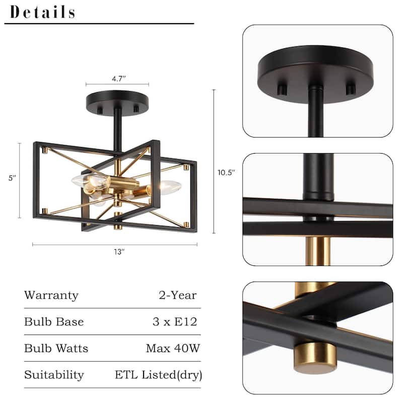 Modern Black Gold 3-Light Sputnik Semi-Flush Mount Ceiling Light Cage Starburst Chandeliers - 13"L x 10.5"H