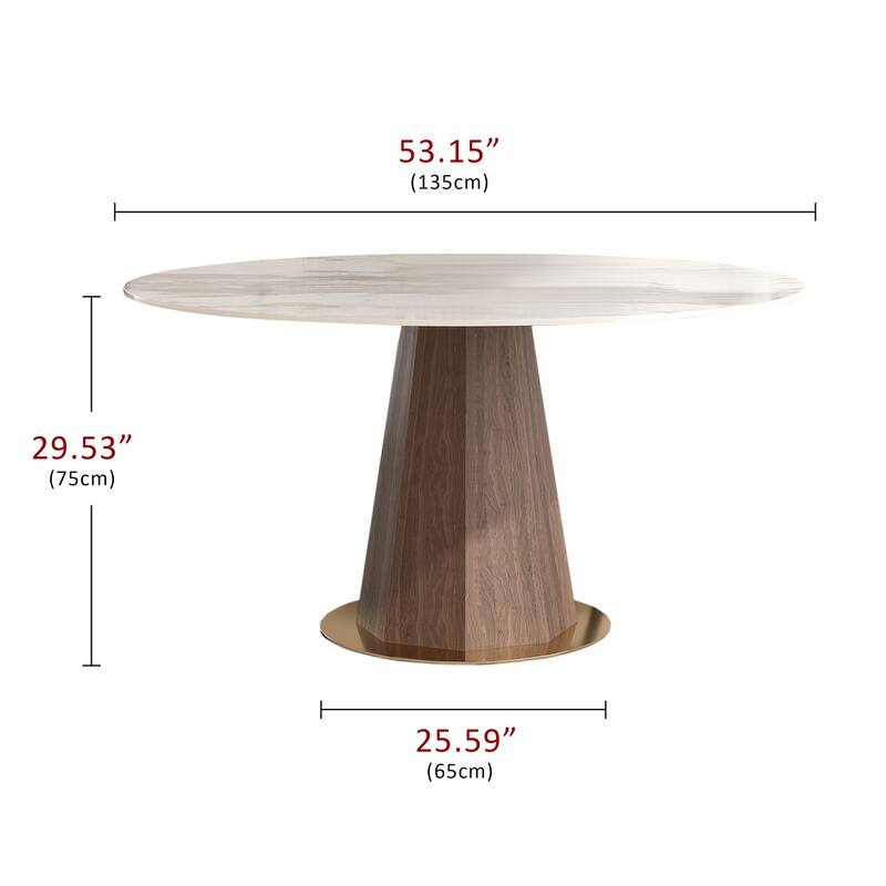 Modern Style Round Stone Table Top Walnut Pedestal Dining Table - 4 Seats - Pandora