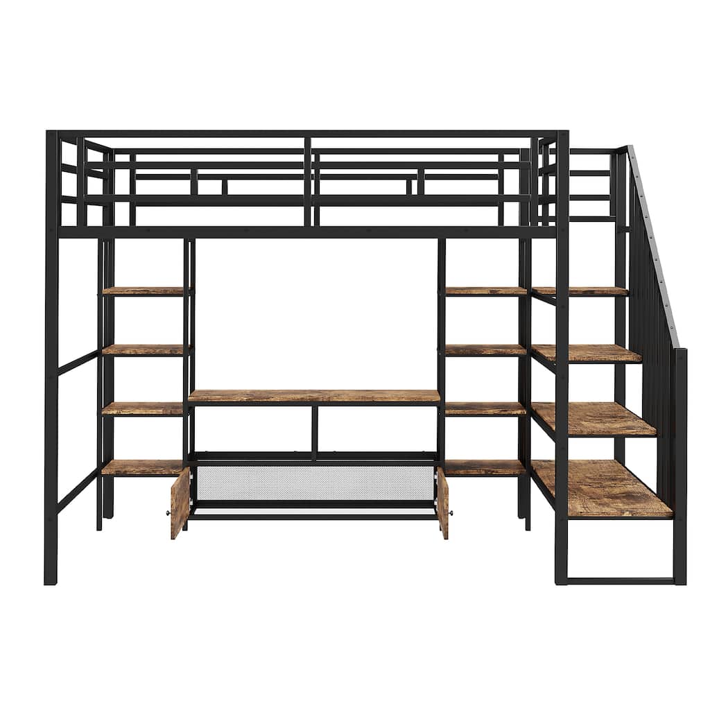 Durable Full Metal Loft Bed with Built-In Storage Desk, Shelves, and Full-Length Guardrails for Enhanced Safety