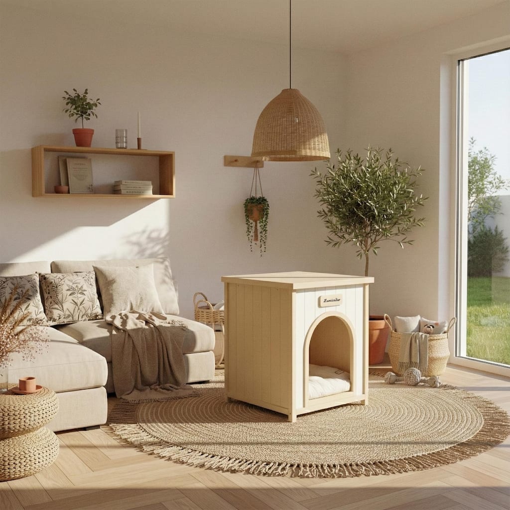 Lumicedar Flat Roof Pet House- FSC Solid Wood, Cream Yellow Indoor Shelter for Small Cats & Dogs