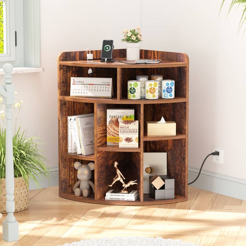 VECELO Corner Cabinet with Charging Station or No Charging Station 3-Tier Bookcase Storage Organizer Triangle Corner Bookcases - With Charging Station and Adjustable Shelf - Brown
