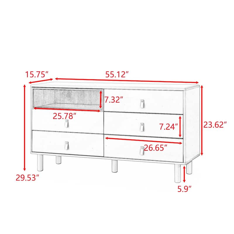 Modern 5 Drawer 55.12 in. Dresser Wood Storage Cabinet with Leather Handle, Open Shelf Drawer Cabinet