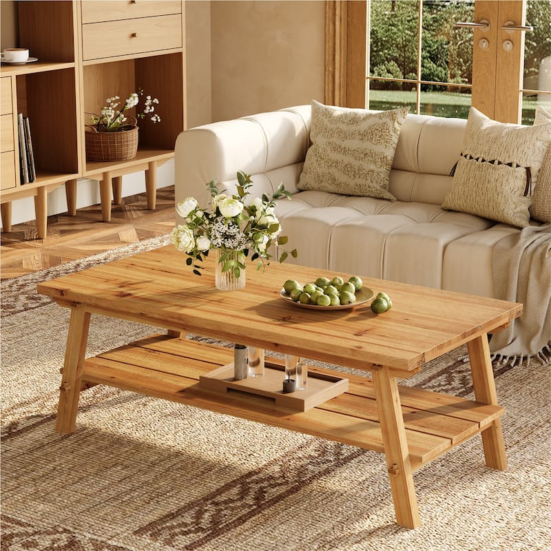 47-Inch Solid Wood Coffee Table, Farmhouse Rectangle Center Table - Natural