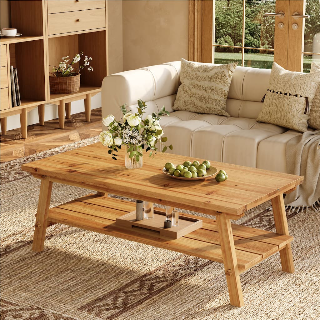 Solid Wood Coffee Table with Storage, Living Room Center Tea Table Accent Table