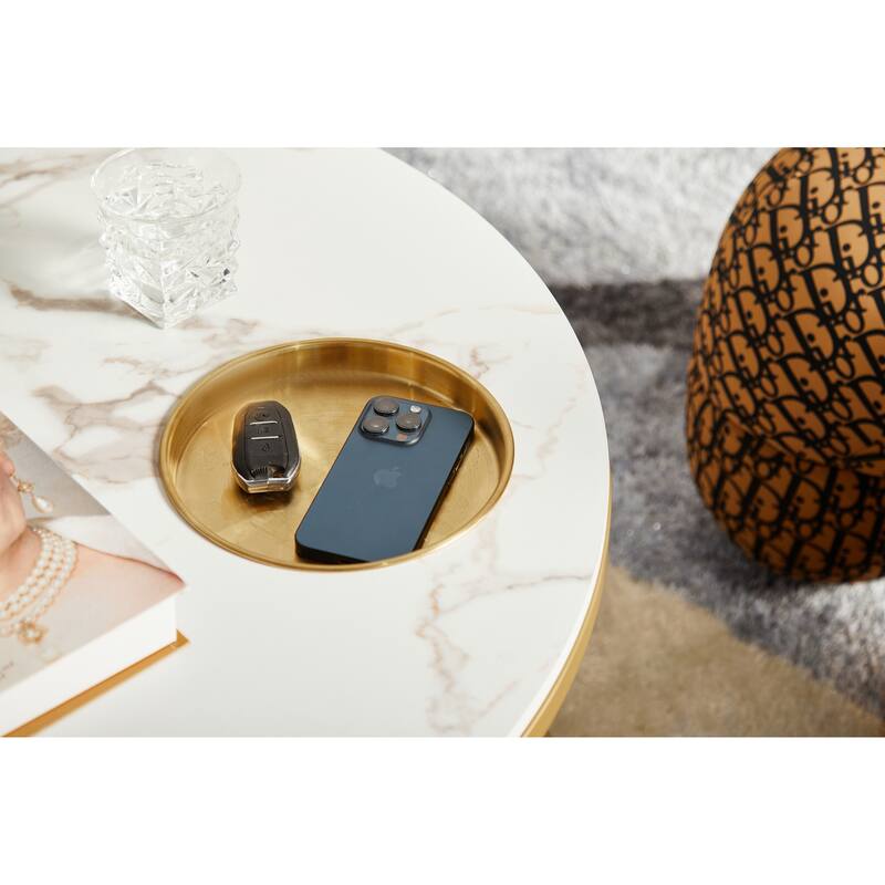 34.64" White & Gold Round Coffee Table with Two-Layer Tabletop & Storage, Modern Design