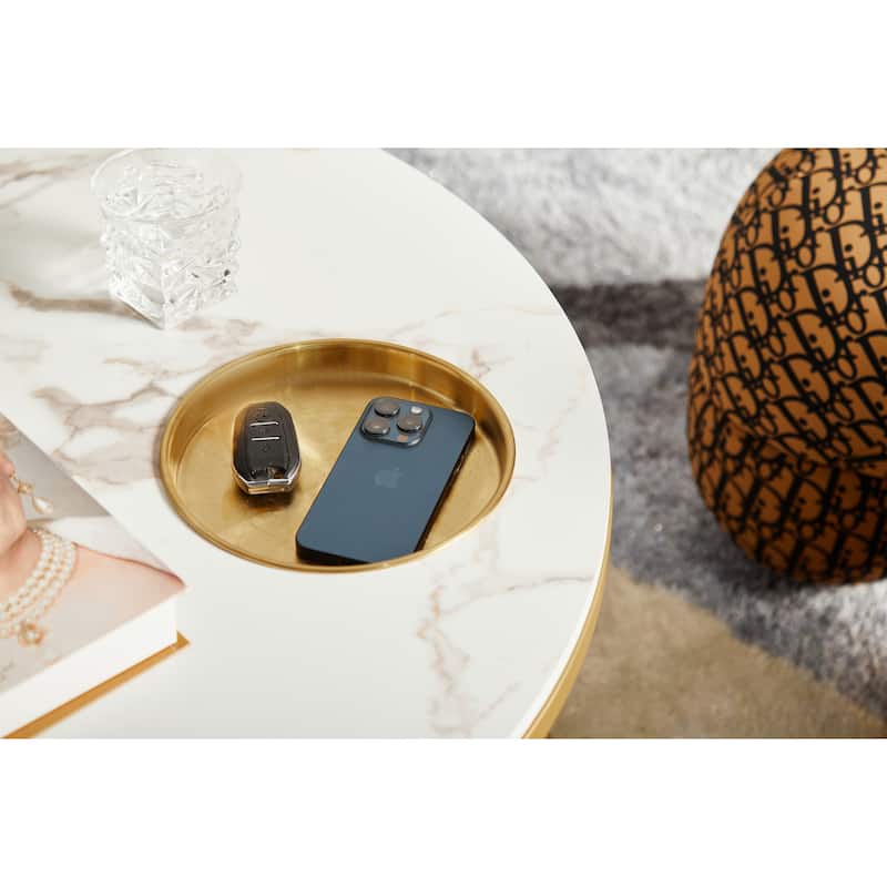 Round 2-Tier Coffee Table with Featuring Built-In Storage Slots and Shelf