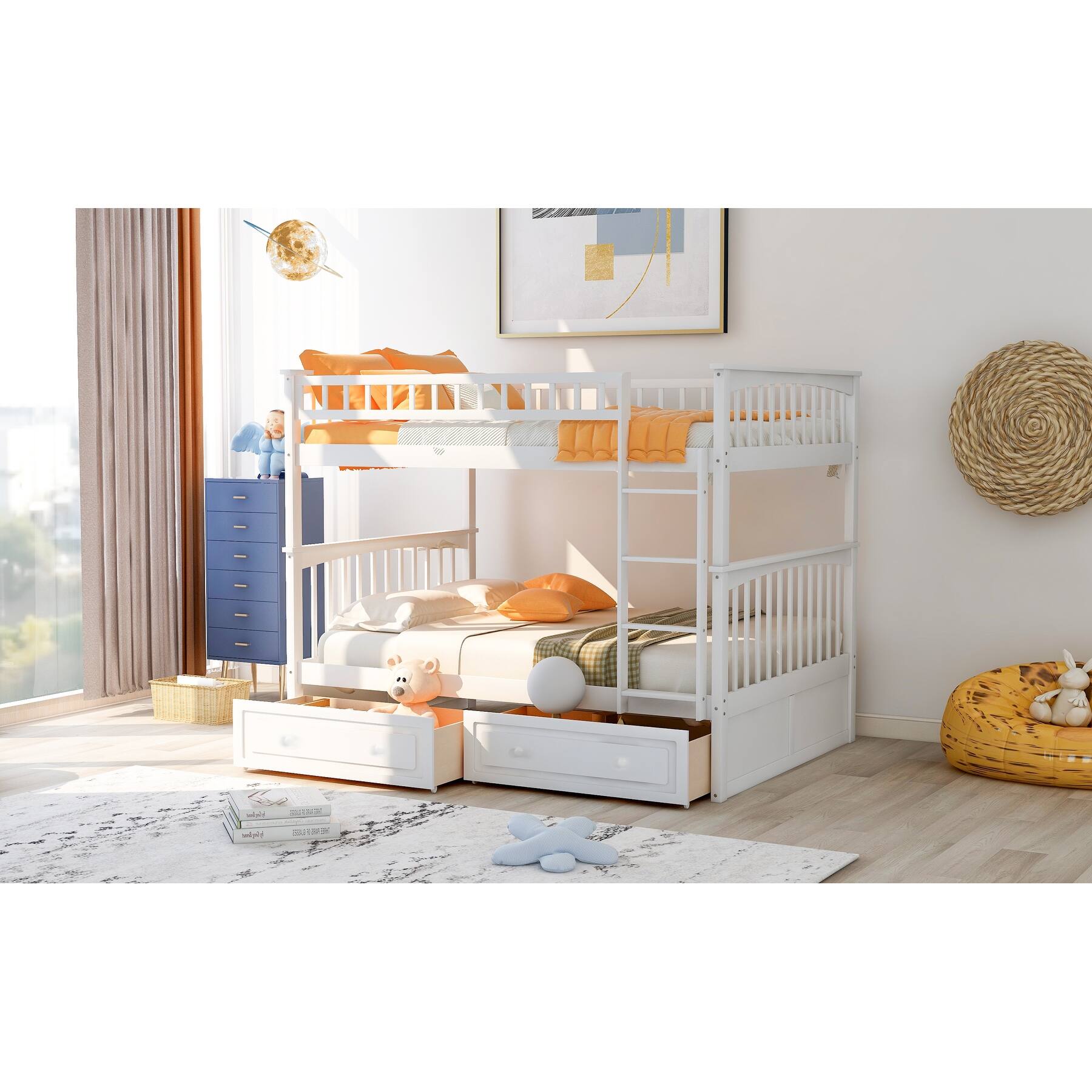 Full Over Full Convertible Bunk Bed With Drawers,Guardrail Bed Bath