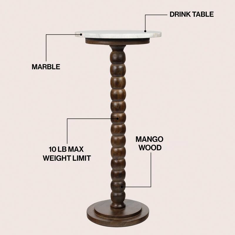 Monroe 24.25″ Farmhouse Spindle Wood Drink & End Table w/ White Marble Top, By JONATHAN Y